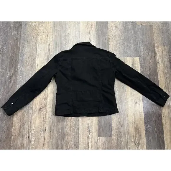 Chicos Platinum Black Denim Jacket Womens Size 1 M Button Front Stretch Cotton - Picture 5 of 5